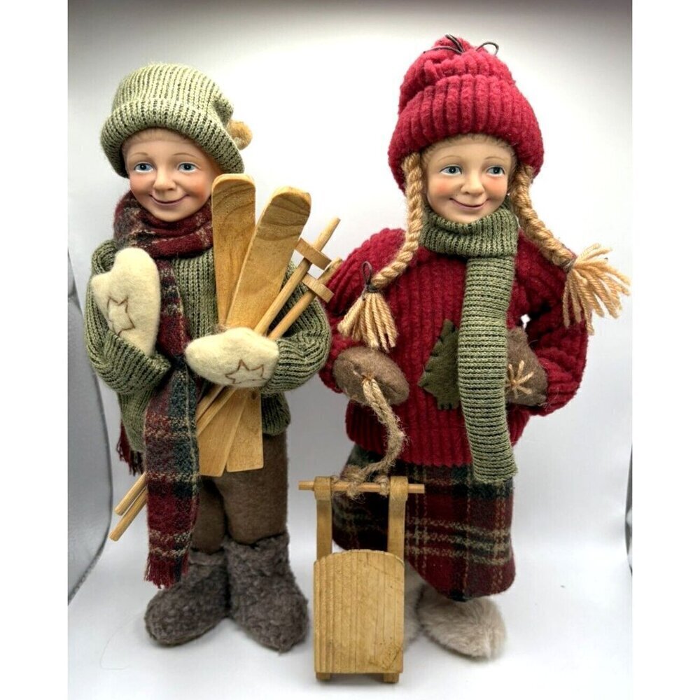 Vintage German Boy Skier and Girl with Sled (Pair)